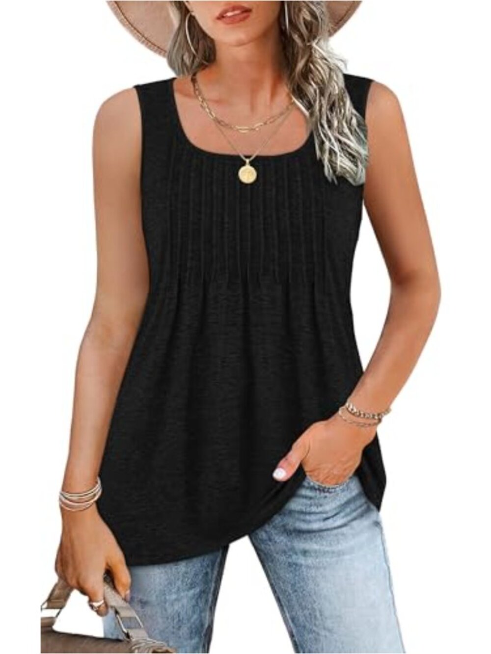 Womens Sleeveless Square Neck Tank Top Summer Blouse Flowy Pleated Casual Tunic